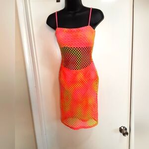 Pink Yellow Orange Mesh Swim Dress w/ Built in top & bottom